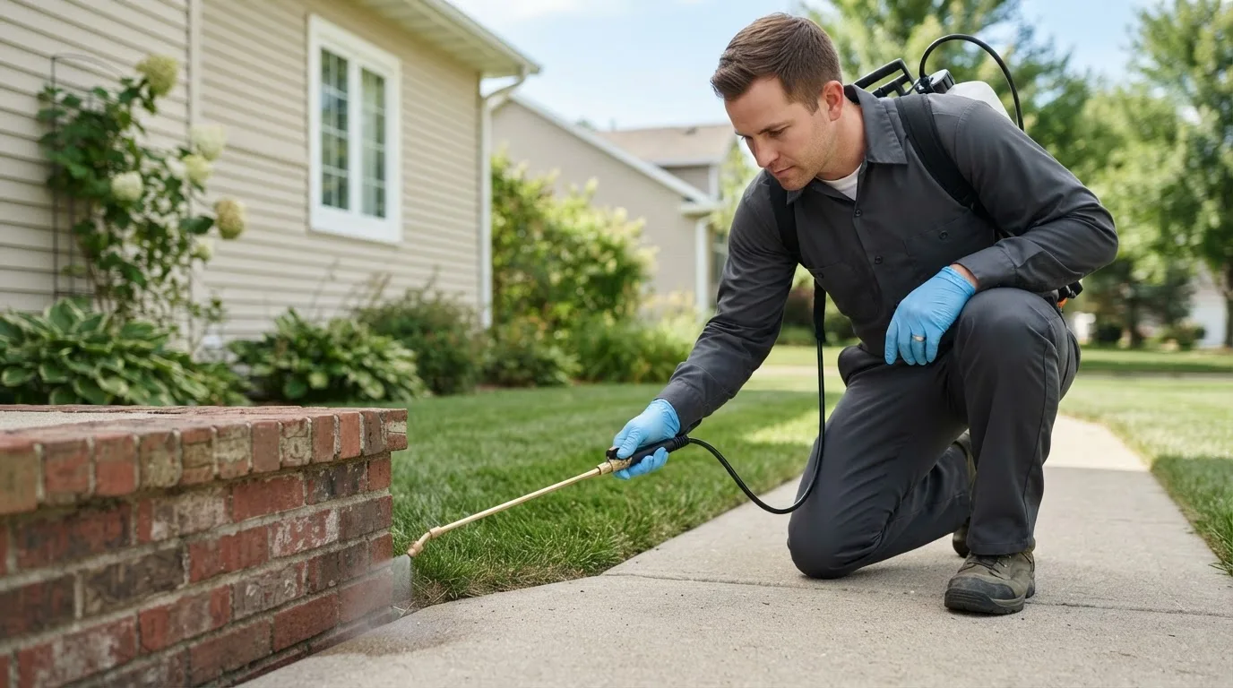 Pest control technician treating a home near Lawley, AL